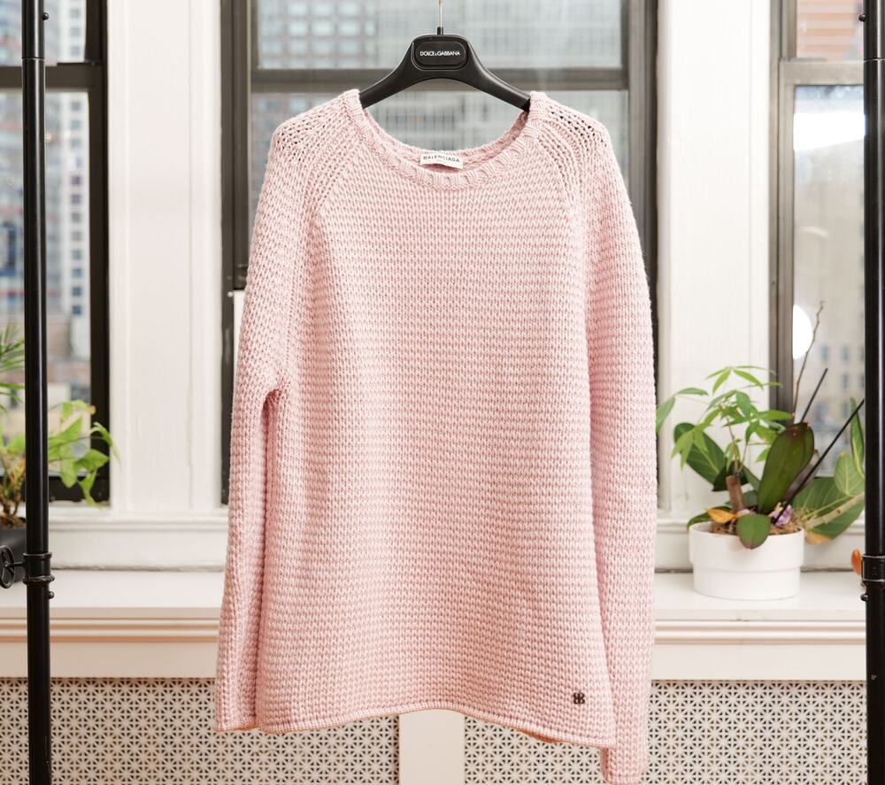 Balenciaga Baby Pink 100% Wool Chunky Knit BB Logo Raglan Sweater (Size: 40)